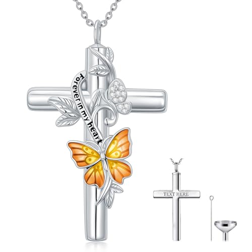 SOULMEET Orange Schmetterling Urnen Anhänger mit Kreuz Silber Moissanit Kreuz Schmetterling Asche Kette Für immer in meinem Herzen Andenken Krematorium Schmuck für Menschen (Benutzerdefinierter Text) von SOULMEET