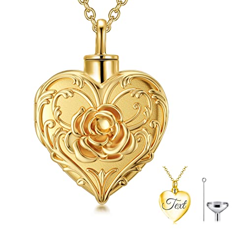 SOULMEET Personalisierte 9ct 14ct 18ct Massiv Gold/Plattiert Gold Blume Rose Einäscherung Medaillon Halskette für Asche, Gravur Rose Urne Halskette, die Menschen Hund Katze Asche (Custom Text) hält von SOULMEET