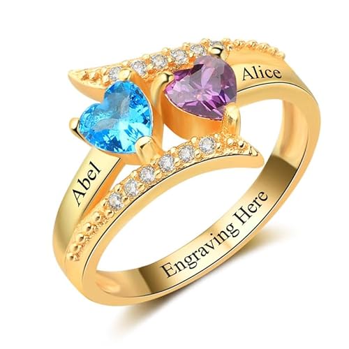 SOULMEET Personalisierte Goldringe mit Geburtssteinen für Frauen zierlich 9 K Weißgold für Mütter zwei Herz-Geburtssteine Gelbgold 14 Karat personalisierte für Ehefrau Oma Geburtstag Hochzeit von SOULMEET