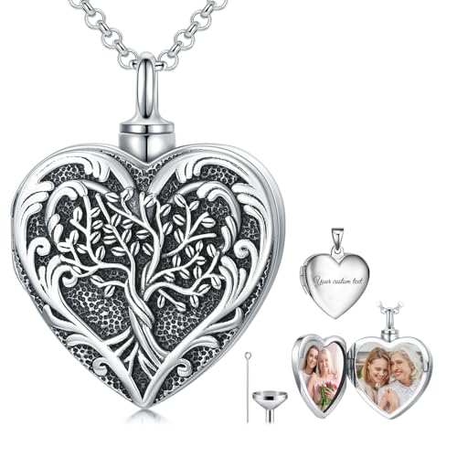 SOULMEET Personalisierte Herz Baum des Lebens Bild Medaillon für Asche Silber Baum des Lebens Kremation Urne Halskette für Asche mit Bildern für geliebte Menschen Frauen Männer (Custom Foto+Text) von SOULMEET