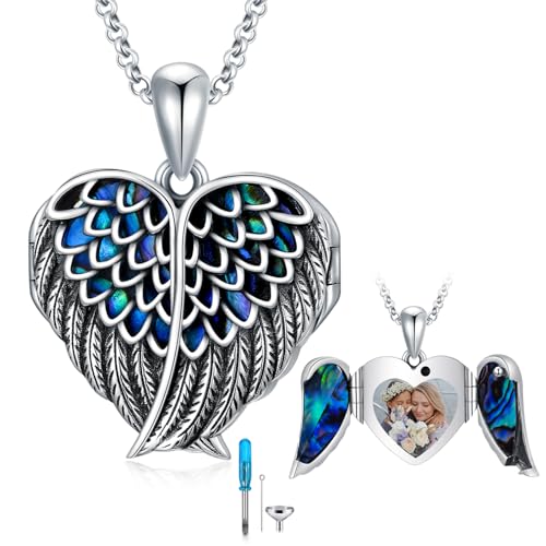 SOULMEET Personalisierte Herz Flügel Bild Medaillon für Asche Silber Abalone Shell Wings Kremation Urne Halskette für Asche mit Bildern für geliebte Menschen Frauen Männer (Custom Foto) von SOULMEET