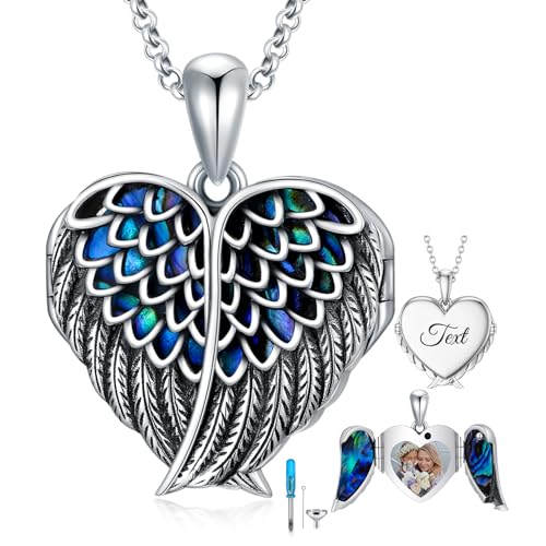 SOULMEET Personalisierte Herz Flügel Bild Medaillon für Asche Silber Abalone Shell Wings Kremation Urne Halskette für Asche mit Bildern für geliebte Menschen Frauen Männer (Custom Foto+Text) von SOULMEET