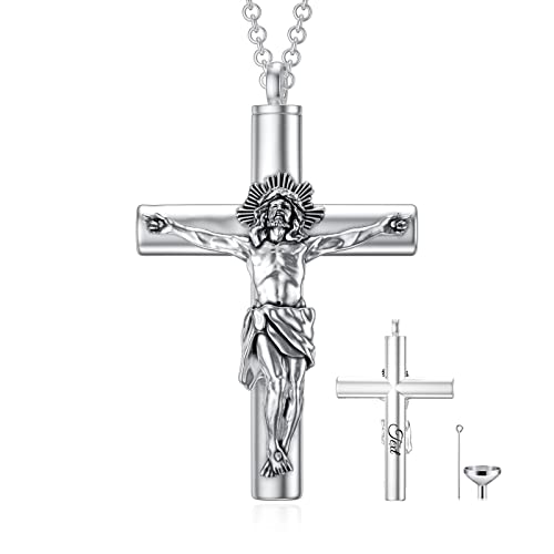 SOULMEET Personalisierte Jesus Kreuz Medaillon für Asche, Sterling Silber Großes Kreuz Einäscherung Schmuck Urne Halskette Keepsakes Medaillon Halskette für Frauen Männer Gravierfähig von SOULMEET