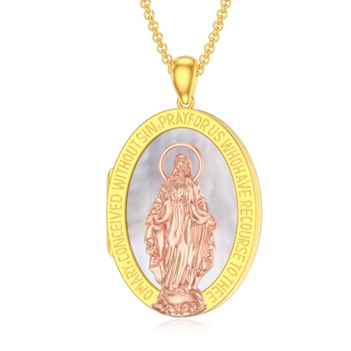 SOULMEET Personalisiertes Medaillon aus 10 K 14 K 18 Karat zweifarbigem Gold oval gesegnet Jungfrau Maria Medaillon für Bilder christliche Mutter Jesu Medaillon Halskette Geschenk für Gebete Männer von SOULMEET