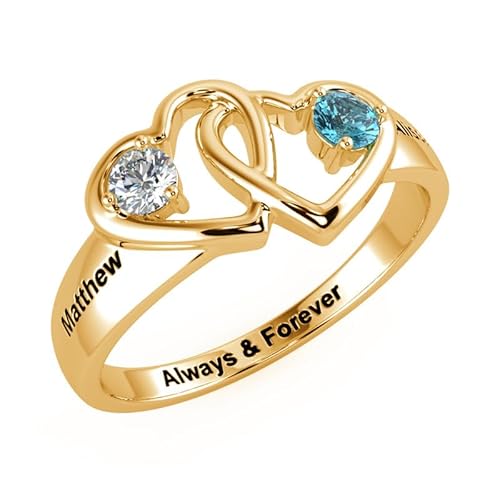 SOULMEET Ringe für Damen Echtgold 14 Karat Graviert Doppelherz Runder Schliff Zwei Geburtssteine Silber Namensring Personalisiert 9/14/18 Karat Weißgold Schmuckgeschenk für Mama Mutter Ehefrau Oma von SOULMEET