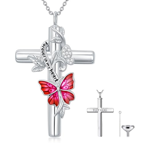 SOULMEET Rosa Schmetterling Urnen Anhänger mit Kreuz Silber Moissanit Kreuz Schmetterling Asche Kette Für immer in meinem Herzen Andenken Krematorium Schmuck für Menschen (Nicht benutzerdefiniert) von SOULMEET