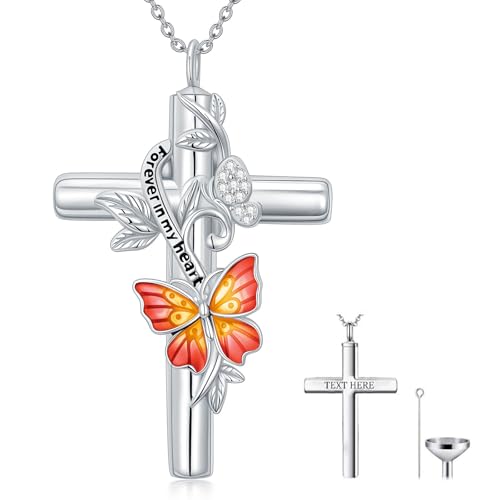 SOULMEET Rot Schmetterling Urnen Anhänger mit Kreuz Silber Moissanit Kreuz Schmetterling Asche Kette Für immer in meinem Herzen Andenken Krematorium Schmuck für Menschen (Benutzerdefinierter Text) von SOULMEET