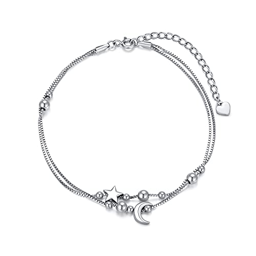 SOULMEET Star Moon Layered Fußkettchen Sterling Silber Fußkettchen für Frauen Mädchen Verstellbare Perlen Halbmond Knöchel Armband Boho Strand Fuß Box Kette von SOULMEET