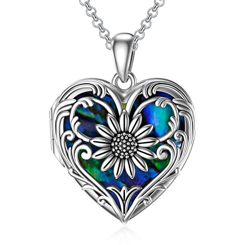 SOULMEET Sterling Silber Medaillon Halskette, die Bild Fotos personalisierte Herz Sonnenblumen Anhänger Halskette hält mit Abalone Shell von SOULMEET