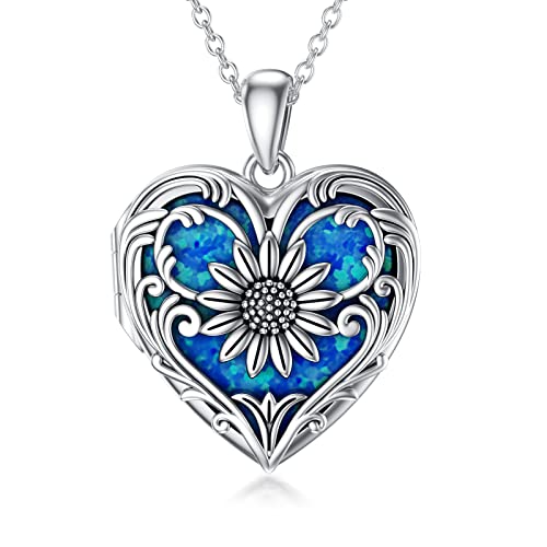 SOULMEET Sterling Silber Medaillon Halskette, die Bild Fotos personalisierte Herz Sonnenblumen Anhänger Halskette hält mit Blau Opal von SOULMEET