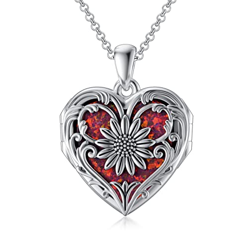 SOULMEET Sterling Silber Medaillon zum öffnen für bilder, Medaillon Halskette für 3 Fotos Bilds,Herz Sonnenblume medaillon die rote opal,Geschenk für Frauen von SOULMEET