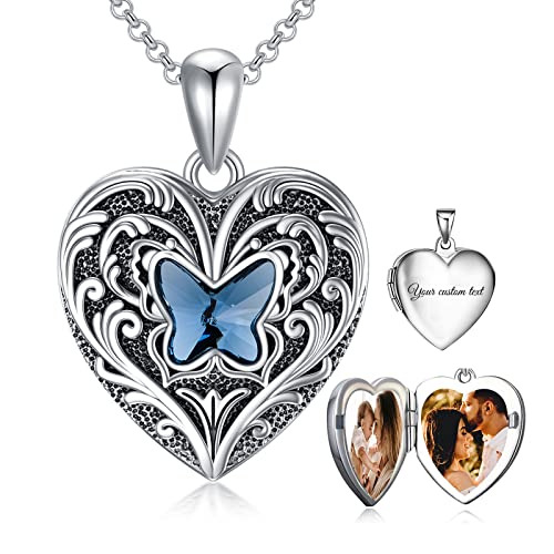 SOULMEET Sterling Silber Schmetterling Herz Medaillon Halskette Hält 2 Bilds mit Blauer Kristall Personalisierte Fotos Anhänger Halskette für Frauen Mädchen von SOULMEET