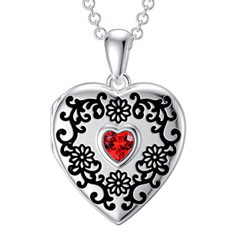 SOULMEET Sterling Silver Sunflower Birthstone Locket Necklace That Holds 1 Bild Foto Heart Locket with Cubic Zirconia Ruby Crystal (Locket only) von SOULMEET