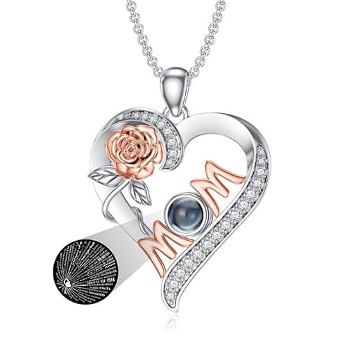 SOULMEET Weißgoldplattiertes Silber-Projektionshalsband mit Ich liebe dich in 100 Sprachen Projektionsanhänger Geschenk für Frauen Mutter Weihnachten Valentinstag Muttertag (Rosen-Mutter-Herz) von SOULMEET