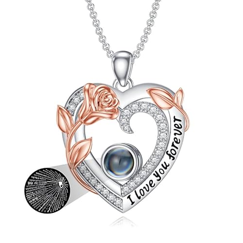 SOULMEET Weißgoldplattiertes Silber-Projektionshalsband mit Ich liebe dich in 100 Sprachen Projektionsanhänger Geschenk für Frauen Mutter an Weihnachten Valentinstag Muttertag (Doppelrosenherz) von SOULMEET