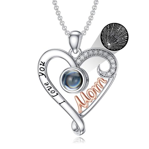 SOULMEET Weißgoldplattiertes Silber-Projektionshalsband mit Ich liebe dich in 100 Sprachen Projektionsanhänger Geschenk für Frauen Mutter an Weihnachten Valentinstag Muttertag (Mutter Herz) von SOULMEET