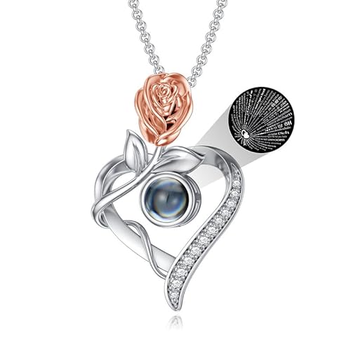 SOULMEET Weißgoldplattiertes Silber-Projektionshalsband mit Ich liebe dich in 100 Sprachen Projektionsanhänger Geschenk für Frauen Mutter an Weihnachten Valentinstag Muttertag (Rosenherz) von SOULMEET