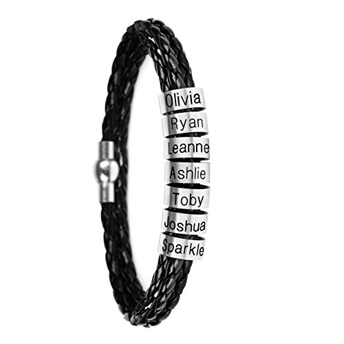 SOULSIS Herren personalisierte Schwarze Braid Lederarmbänder mit 4 Namen in benutzerdefinierte Perlen eingraviert Custom ID Armband für Herren SOULSIS Herren personalisierte Schwarze Braid Lederarmbänder mit 4 Namen in benutzerdefinierte Perlen eingraviert Custom ID Armband für Herren von SOULSIS
