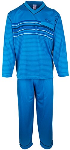 SOUNON - Herren Schlafanzug lang aus 100% Baumwolle mit V-Ausschnitt – Stahlblau, Groesse M von SOUNON