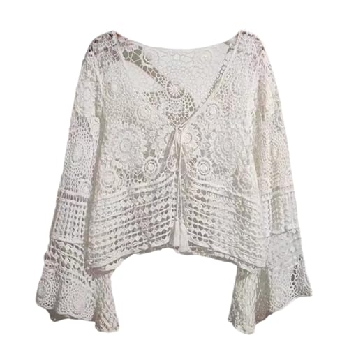 SOUTHJIELING Damen Flared Long Sleeve Tie Up Drawstrings Crop Top Hollowed Crochet Knitted Loose Beach Up Shirt Sheer Blouses SOUTHJIELING Damen Flared Long Sleeve Tie Up Drawstrings Crop Top Hollowed Crochet Knitted Loose Beach Up Shirt Sheer Blouses von SOUTHJIELING