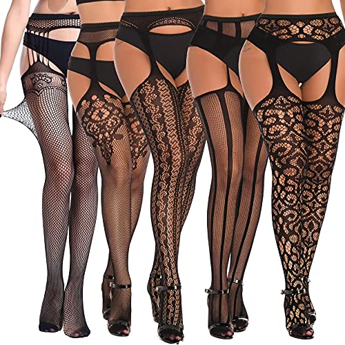 SOUTHRO 5 Paar Damen Dessous Strumpfband Gürtel Strumpf Fischnetz Oberschenkel Hohe Strumpfhose Strapse Strumpfhose, 5 Stück - A-Schwarz, Einheitsgre von SOUTHRO