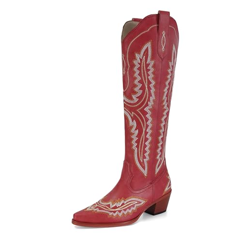 SOVANYOU Cowboystiefel für Damen, Westernstiefel, spitz, mandelförmiger Zehenbereich, Blockabsatz, glitzernd, Cowgirl, hohe Stiefel, Rot bestickt, 38.5 EU SOVANYOU Cowboystiefel für Damen, Westernstiefel, spitz, mandelförmiger Zehenbereich, Blockabsatz, glitzernd, Cowgirl, hohe Stiefel, Rot bestickt, 38.5 EU von SOVANYOU
