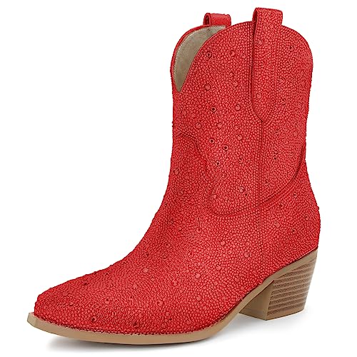 SOVANYOU Damen Cowboystiefel mit Strasssteinen, spitz, mandelförmiger Zehenbereich, Blockabsatz, glitzernde Cowgirl-Stiefel, Knöchel-Rot, 37.5 EU von SOVANYOU
