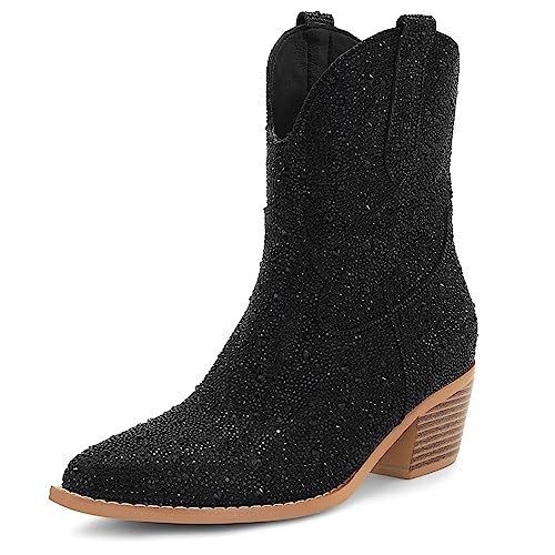 SOVANYOU Damen Cowboystiefel mit Strasssteinen, spitz, mandelförmiger Zehenbereich, Blockabsatz, glitzernde Cowgirl-Stiefel, Knöchel-Schwarz, 42 EU von SOVANYOU