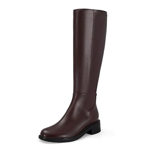SOVANYOU Damen Kniehohe Stiefel Runde Zehen Kunstleder Elastisch Hohe Stiefel Bequem Niedriger Absatz Herbst Langer Stiefel mit seitlichem Reißverschluss, Braun, 41 EU von SOVANYOU
