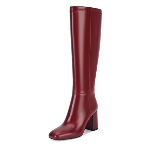 SOVANYOU Damen Kunstleder Hohe Stiefel Mode Square Toe Chunky Heel Kniehohe Stiefel mit seitlichem Reißverschluss, Rot/Ausflug, einfarbig (Getaway Solids), 43 EU von SOVANYOU