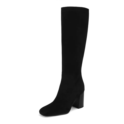 SOVANYOU Damen Kunstleder Hohe Stiefel Mode Square Toe Chunky Heel Kniehohe Stiefel mit seitlichem Reißverschluss, Schwarzes Wildleder, 36 EU von SOVANYOU