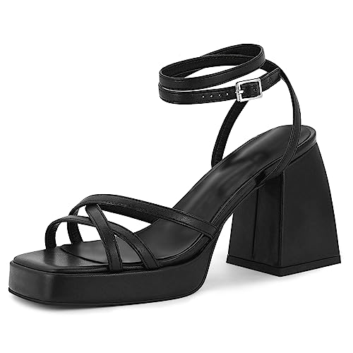 SOVANYOU Damen Plateau Chunky High Heels Mode Square Open Toe Knöchelriemen Heeled Sandalen Hochzeit Party Kleid Schuhe, Schwarz, 39 EU von SOVANYOU