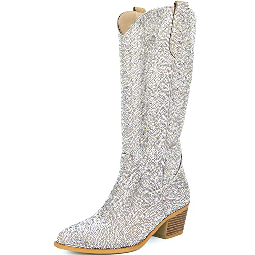 SOVANYOU Damen Strass Cowboy Stiefel Spitze Zehen Blockabsatz Kniehohe Stiefel mit seitlichem Reißverschluss, Strass, 39 EU von SOVANYOU