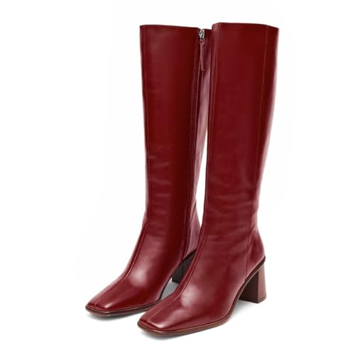 SOVANYOU Kniehohe Stiefel für Damen, Kunstleder, klobig, hoher Absatz, modisch, quadratischer Zehenbereich mit seitlichem Reißverschluss, bequeme Herbst-Winterstiefel, Rot/Ausflug, einfarbig (Getaway von SOVANYOU