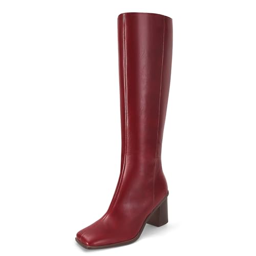 SOVANYOU Kniehohe Stiefel für Damen, Kunstleder, klobig, hoher Absatz, modisch, quadratischer Zehenbereich mit seitlichem Reißverschluss, bequeme Herbst-Winterstiefel, Rot/Ausflug, einfarbig (Getaway von SOVANYOU