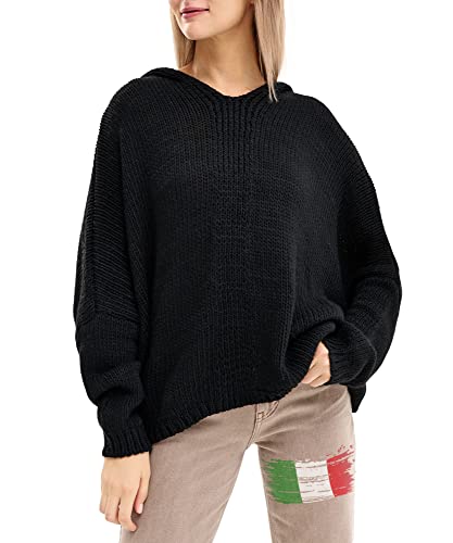 SOVENTUS FASHION Damen Strickpullover Oversize grobmaschig Pullover Damen Strick Oversize kurz Pulli Herbst Winter elegant V Ausschnitt Wolle, mit oder ohne Kapuze, Made in Italy schwarz von SOVENTUS FASHION