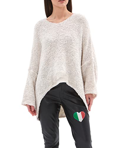 SOVENTUS FASHION Strickpullover Oversize lang grobmaschig Pullover Damen Strick V-Ausschnitt Herbst Winter Grobstrickpullover Pulli Damen, Made in Italy beige von SOVENTUS FASHION