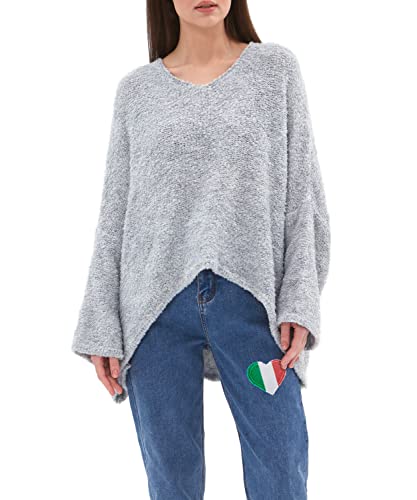 SOVENTUS FASHION Strickpullover Oversize lang grobmaschig Pullover Damen Strick V-Ausschnitt Herbst Winter Grobstrickpullover Pulli Damen, Made in Italy grau von SOVENTUS FASHION