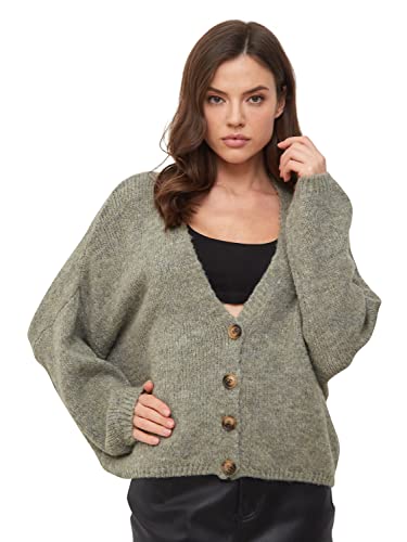 SOVENTUS FASHION Damen Strickjacke kurz Grobstrick ovesize Strickcardigan Knöpfen Khaki grün von SOVENTUS FASHION