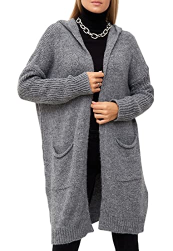 SOVENTUS FASHION Damen Strickjacke lang Grobstrick Oversize Kapuze Taschen grau von SOVENTUS FASHION
