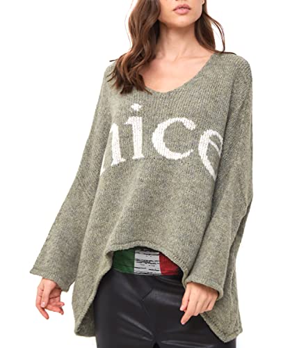 SOVENTUS FASHION Strickpullover Oversize lang grobmaschig Pullover Damen Strick V-Ausschnitt Herbst Winter Grobstrickpullover Pulli Damen, Made in Italy grün von SOVENTUS FASHION