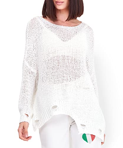 SOVENTUS FASHION Damen Strickpullover V-Ausschnitt - grobmaschiger Damen-Pullover im Oversize-Look Frühling und Sommer Baumwolle weiß von SOVENTUS FASHION