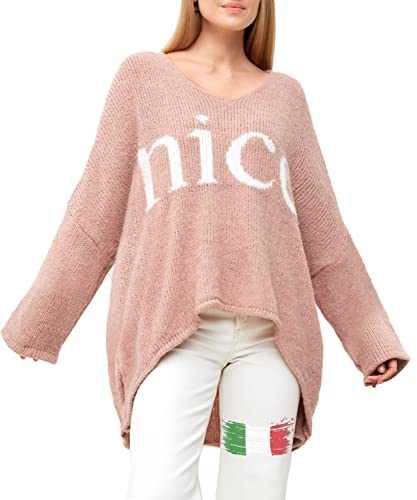 SOVENTUS FASHION Strickpullover Oversize lang grobmaschig Pullover Damen Strick V-Ausschnitt Herbst Winter Grobstrickpullover Pulli Damen, Made in Italy rosa von SOVENTUS FASHION