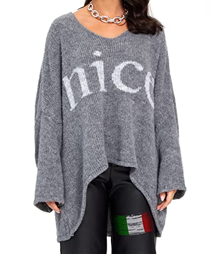 SOVENTUS FASHION Strickpullover Oversize lang grobmaschig Pullover Damen Strick V-Ausschnitt Herbst Winter Grobstrickpullover Pulli Damen, Made in Italy grau von SOVENTUS FASHION