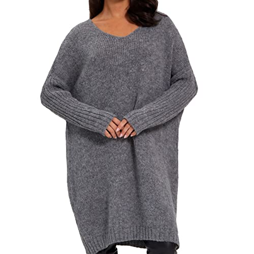 SOVENTUS FASHION Damen Strickkleid V-Ausschnitt - grobmaschiger Strickpullover im Oversize-Look, ideal als stylischer Damen-Pullover für die Frühling Sommer und Herbst, Winter Made in Italy grau von SOVENTUS FASHION