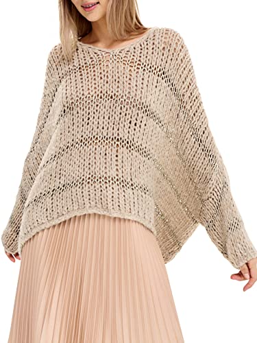 SOVENTUS FASHION Damen Strickpullover V-Ausschnitt - grobmaschiger Strickpullover Damen-Pullover im Oversize-Look, für die Herbst- und Wintersaison, Made in Italy beige von SOVENTUS FASHION