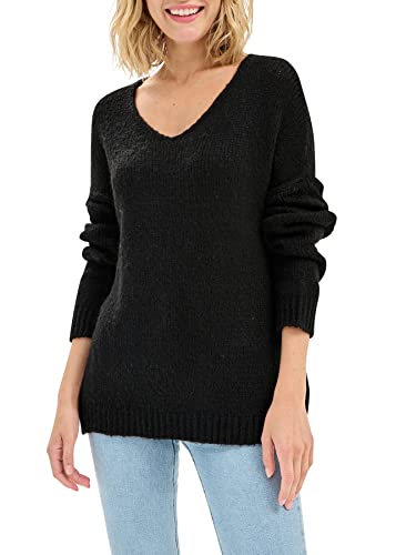 SOVENTUS FASHION Damen Strickpullover V-Ausschnitt - grobmaschiger Strickpullover Damen-Pullover im Oversize-Look mit Schriftzug, für die Herbst- und Wintersaison, Made in Italy schwarz von SOVENTUS FASHION