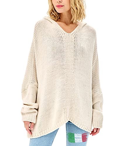 SOVENTUS FASHION Damen Strickpullover Oversize grobmaschig Pullover Damen Strick Oversize kurz Pulli Herbst Winter elegant V Ausschnitt Wolle, mit oder ohne Kapuze, Made in Italy beige von SOVENTUS FASHION