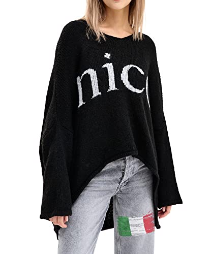 SOVENTUS FASHION Strickpullover Oversize lang grobmaschig Pullover Damen Strick V-Ausschnitt Herbst Winter Grobstrickpullover Pulli Damen, Made in Italy schwarz von SOVENTUS FASHION
