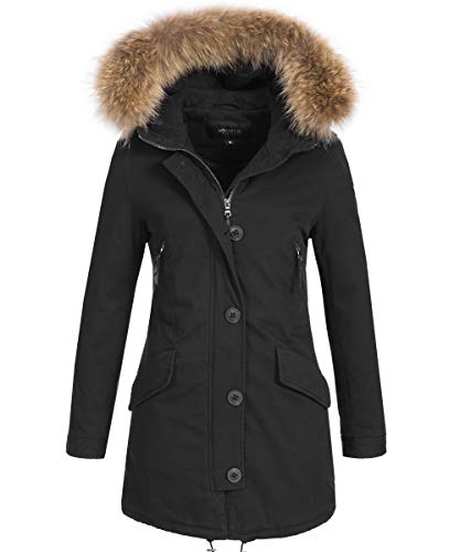 SOVENTUS FASHION Damen Parka Echtfell Echtfellparka Winterjacke Jacke Damen Echtfell Wintermantel Damen Echt Fell Pelz mit Echtfell Winterparka mit Echtfell schwarz von SOVENTUS FASHION